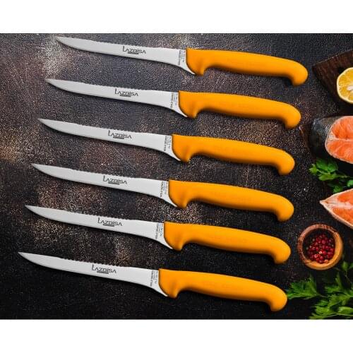 Lazbisa Knife Meat Bread Fish Fruit Vegetable Kitchen Knife Set Top Serrated Fillet Knife Gold Series