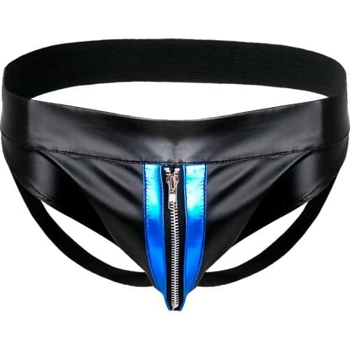 Sexy Mens Lingerie Faux Leather Underwear Zipper Bulge Pouch Bikini Briefs Panties Jockstrap Erotic Gay Male Underpants