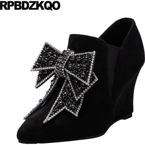 Pointed toe suede slip on rhinestone wedge bow 8cm size 4 34 pumps brand designer shoes women crystal high heels cheap black