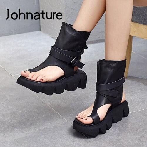 Johnature Genuine Leather Women Shoes Summer Sandals Hook & Loop Retro 2021 New Wedges Handmade Concise Leisure Platform Sandals