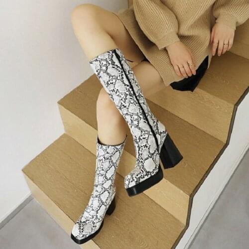 Sianie Tianie 2021 Winter Snakeskin Print Platform Block High Heels Zipper Knee High Riding Motorycle Womens Boots Plus Size 48