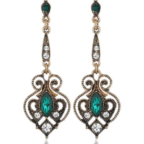 Boho Womens Earrings Vintage Long Drop Earrings Vintage Green Black Crystal Turkish Drop Earrings