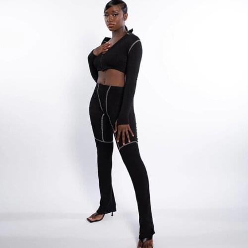 Biker Style Two Piece Set Women Sporty Casual Zipper Long Sleeve Turtleneck Top And Sheath Bright Line Decoration Active Pants
