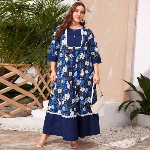2020 Spring Autumn Women Three Quarter Sleeve Floral Print Casual Long Dress Lace Patchwork Loose Maxi Plus Size Women Clothing
