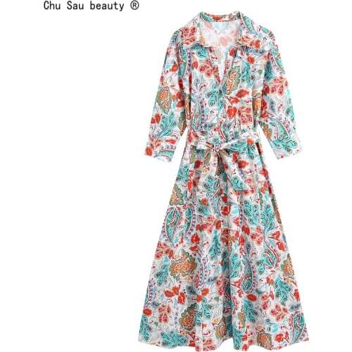 2021 Autumn New Fashion Casual Vintage Printed Belt Fashion High Waist Lace-up Flower Long-Sleeve Dress Women Vestido Chic