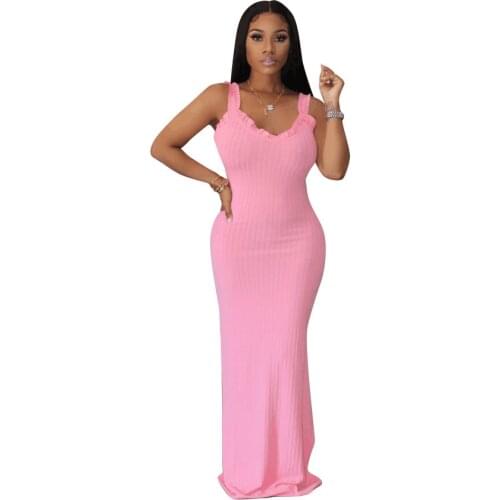 Summer Women Solid Color Sleeveless Knitted Suspender Dress Pink Black Sexy Night Club Party Bodycon Side Split Long Dress