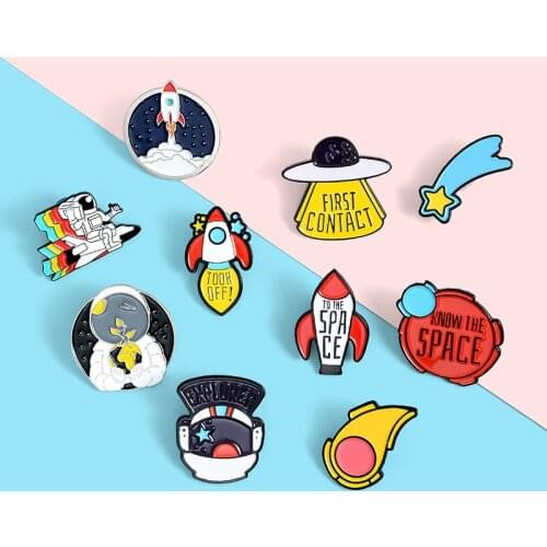 10styles To the Space Enamel Pins Custom Astronaut Space Ship Rocket UFO Brooch Bag Lapel Pin Shirt Badge Jewelry Gift for Kids