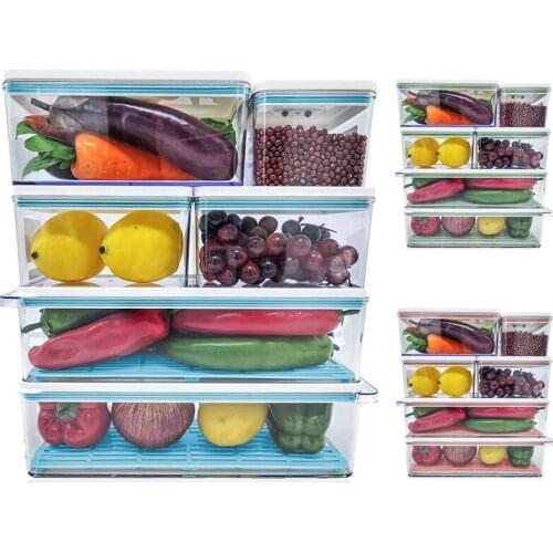 6 Pack Plastic Stackable Food Storage Containers with Vented Lids and Drain Tray for Refrigerator Produce Saver