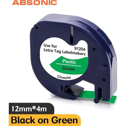 Absonic 91204 91334 91224 Label Tape fit Dymo Letratag LT-100H Printer Ribbon Black on Green 12mm Plastic Tape for LT100T Plus
