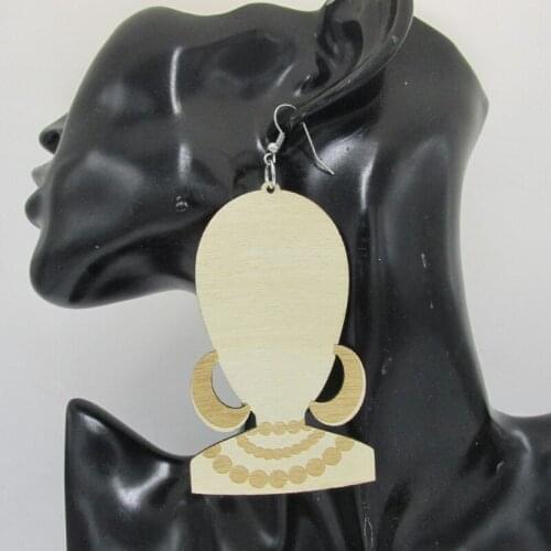 Free Shipping! Engraving Afro Girl Head Wood Earrings
