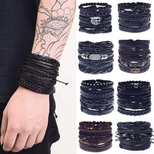Bracelets-Set Bangles Jewelry Multiple Charm Bracelets For Men Woman Fashion Wristbands Leaf Leather Bracelet Bangles 2020 Party