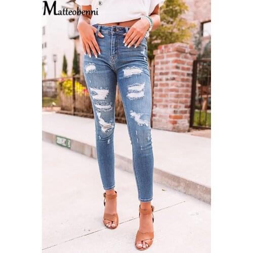 Spring and Autumn New Fashion Womens Jeans Denim Ripped High Waist Stretch Slim Sexy Pencil Pants Street Casual Womens Jeans