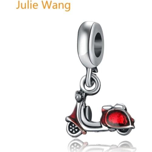 Julie Wang 5PCS Enamel Red Motorcycle Bead Charms Silver Color Zinc Alloy Bracelet Necklace Jewelry Making Accessory