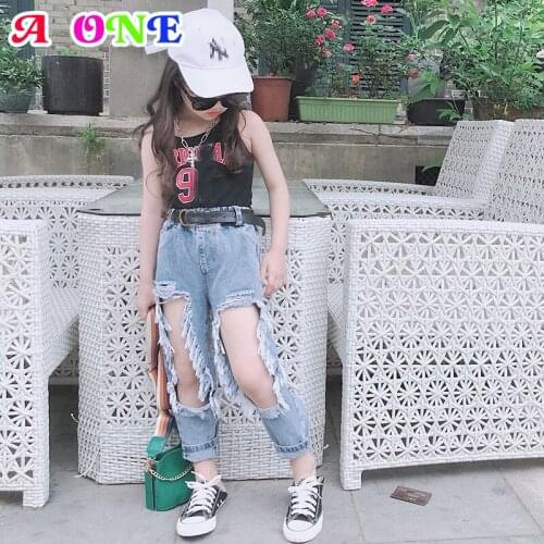 Summer girls pants baby pants pants for kids girls jeans fashion hole washed full length bottoms for baby 2T to 10T