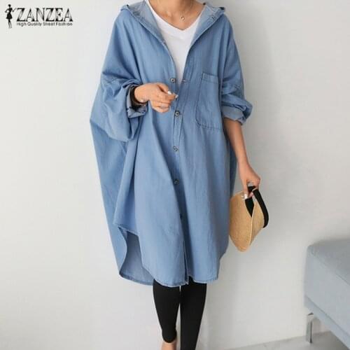 Fashion Denim Blue Coats Womens Asymmetrical Outwear 2021 ZANZEA Cardigans Sleeve Button Jackets Female Hooded Jean Top