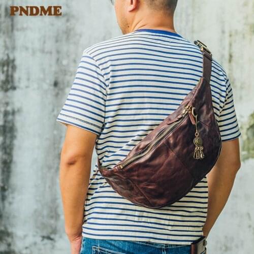 Fashion vintage luxury genuine leather mens chest bag casual natural first layer cowhide youth multifunctional waist packs