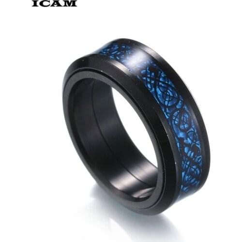 ICAM Titanium Steel Dragon Rings Chain Ring Black And Blue Mans Gifts Wedding Band Jewelry Size 6-14