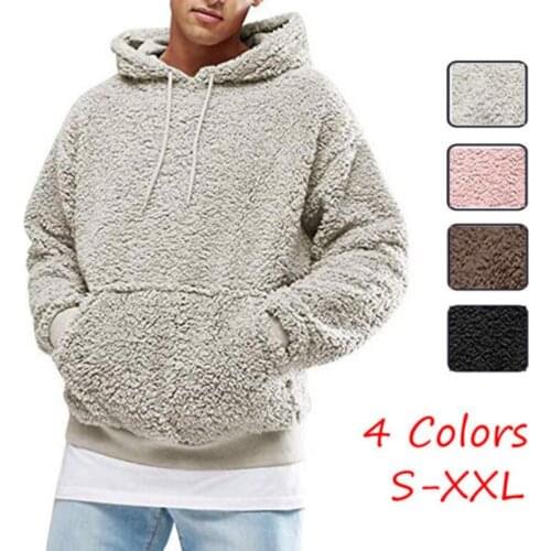 Brand New Style Men Winter Warm Faux Fur Teddy Bear Sweatshirt Solid Hoodie Casual Hooded Tops Pullover