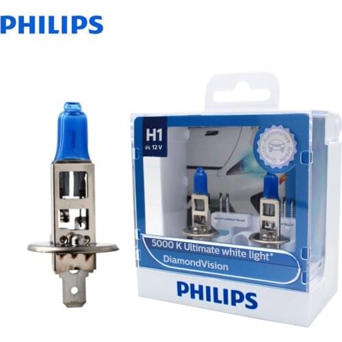 Philips H1 12V 55W Diamond Vision 5000K Xenon White Car Halogen Original Headlight Auto Bulbs OEM Bright Lamps 12258DVS2, Pair