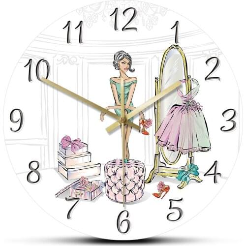 Luxury Beauty Lady Closet Shopping Glamour Fashion Girl Toggery Silent Wall Clock Shoes Boutique Decorative Timepiece Wall Watch