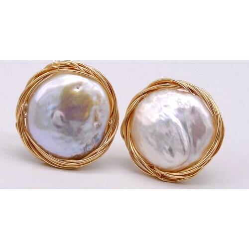 Handmade baroque pearl earrings, coin-shaped baroque pearls, ladies gold earrings, creative jewelry