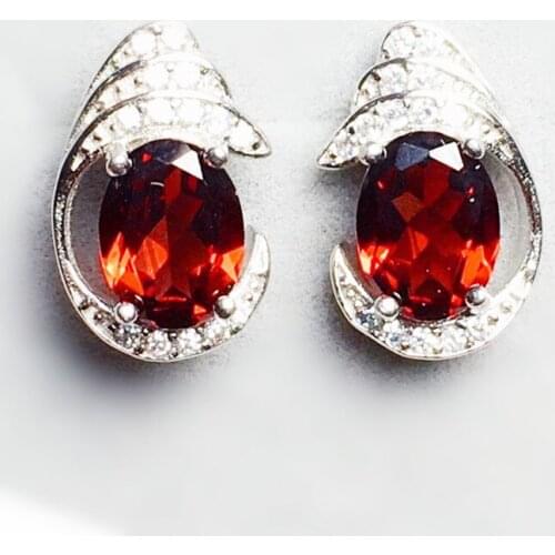 Natural real red garnet stud earring 7*9mm 2.1ct*2pcs gemstone 925 sterling silver Fine jewelry For men or women X21888