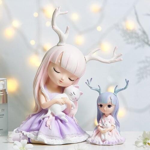 Northern Europe girl Deer Statue 3D cat Figurine Resin Crafts Art Decor For Home Car Table Ornament Kids Christmas birthday Gift