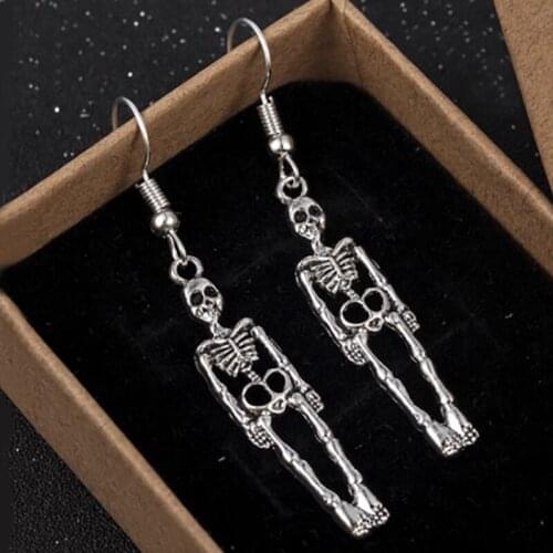 Vintage Skeleton Skull Dangle Earrings for Women Gothic Punk Retro Silver Color Unusual Drop Earrings Halloween Party Jewelry
