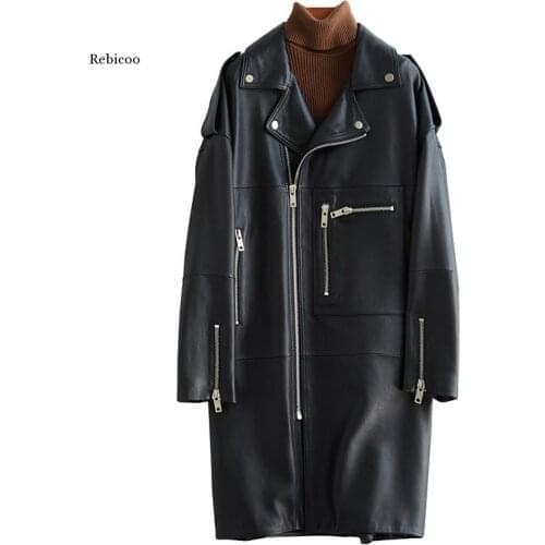 Plus large size women loose faux leather coat Oversized black long spring leather jacket long sleeve drop shoulder zipper