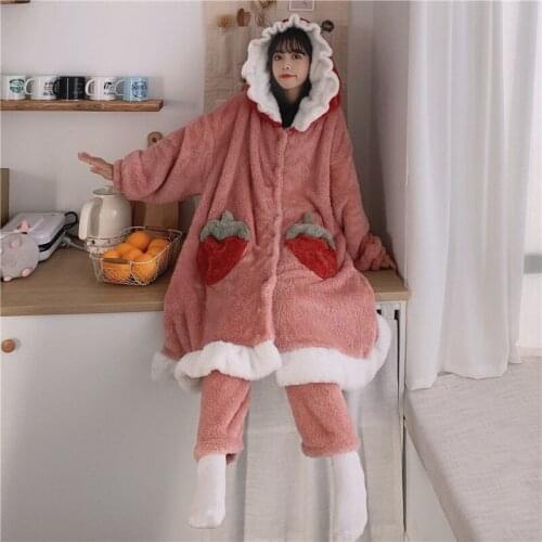 Women Pajamas Cute Strawberry Pajamas Womens Suit Flannel Warm Hooded Nightgown Girls Home Service Winter Long Bathrobe Winter