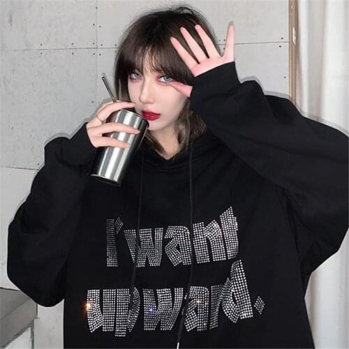 Vintage Rhinestone Letter Printed I want upward Gothic Hoodies Women Harajuku Loose Sweatshirt Oversized Streetwear Punk Tops