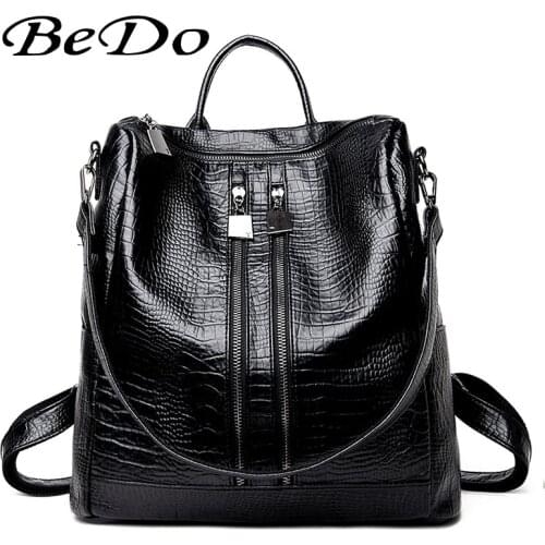 BeDo Pu black Leather Women Casual Backpacks Leather Backpack Feminine Geometric Plaid Sequin Female Backpacks For Teenage Girls