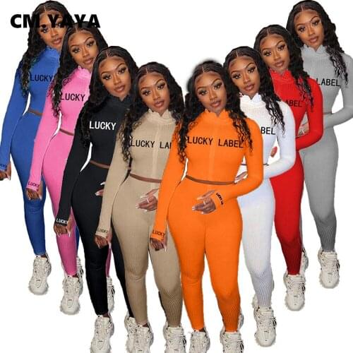 CM.YAYA Active Lucky Label Embroidery Knitted Women Set Zipper Tops Legging Pant Set Tracksuit Fitness Outfit Matching 2Pcs Set