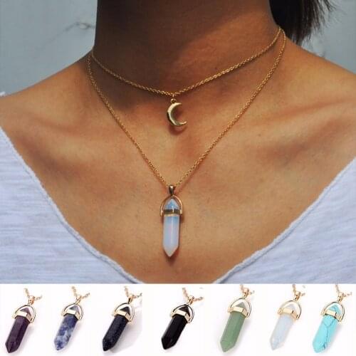 Vintage 2 Layer Natural opal Stone Pendant Choker Necklaces Gold Color Moon Necklace For Women Jewelry Collier Femme