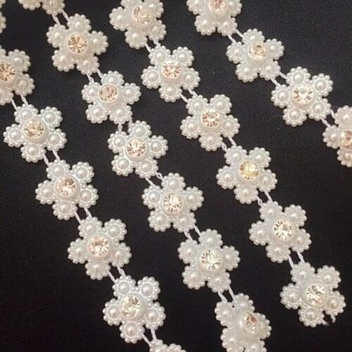 1yards Vintage rhinestone Embroidered Pearl beaded ribbon Lace Edge Trim Wedding Ribbon Applique DIY Sewing