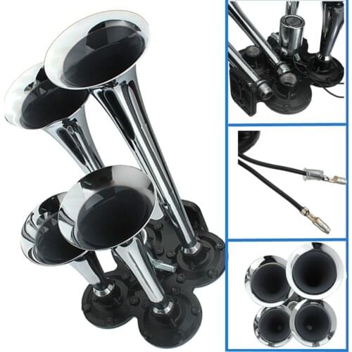 150.2db 12V 24V Chrome Plated Super Loud 4-Trumpet Train Air Horn Kit Universal for Truck Lorry Boat Motorcycle Claxon Horns