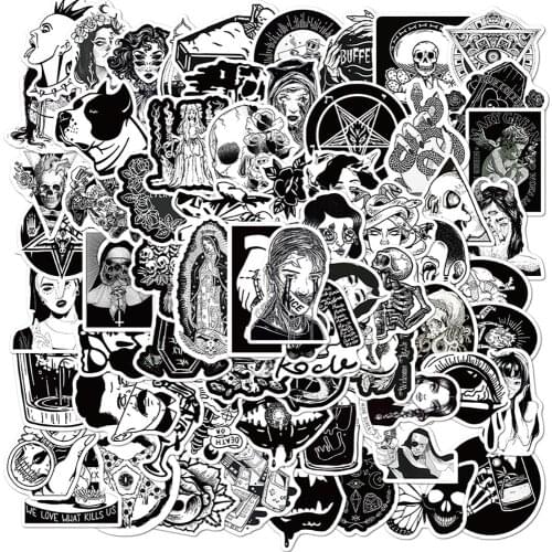 50PCS Gothic Black and white Graffiti Stickers Skateboard Fridge Guitar Laptop Motorcycle Travel Luggage Classic Sticker Kid Toy