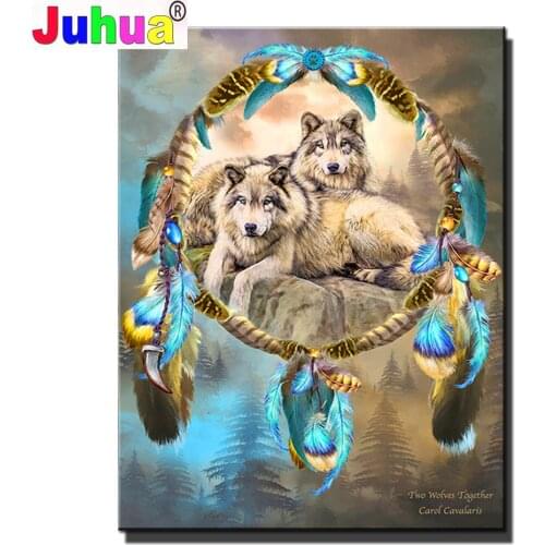 DIY Diamond Painting Wolf Dream Chaser Pattern Cross Stitch 5D Diamond Embroidery Indian Animal Mosaic Picture Of Rhinestones