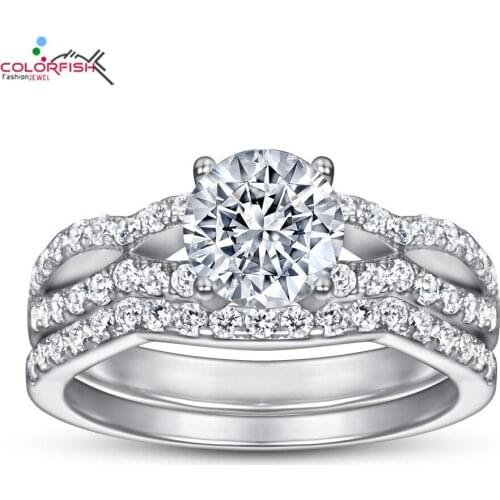 COLORFISH Cross 925 Sterling Silver Double Stackable Wedding Rings Set For Women 1ct 6.5mm Round Cut Sona Engagement Jewelry