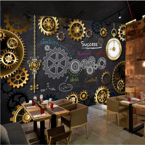 European and American Industrial Wind 3D Golden Gear Blackboard Background Mural Wallpaper 3D Bar Restaurant Decor Wall Paper 3D