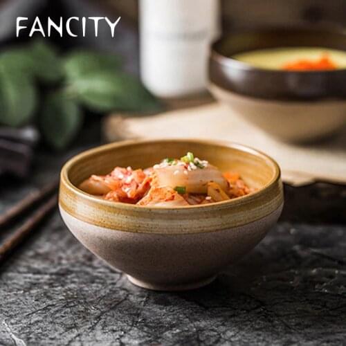 FANCITY Retro Japanese style rice bowl hand-painted stoneware eating bowl household simple high-footed bowl noodle bowl small