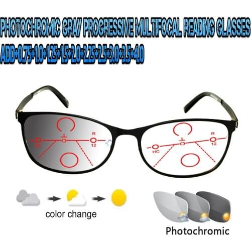 Photochromic Gray Progressive Multifocal Reading Glasses Men Women Ultralight Black Metal Frame Large Size +0.75 To+4.0