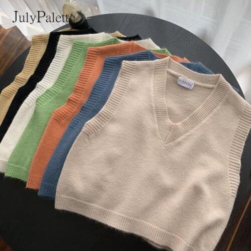 JulyPalette 2021 Autumn Winter V Neck Sweater Knitted Vest Women High Waist Short Sleeveless Sweater Tops Casual Knit Waistcoat