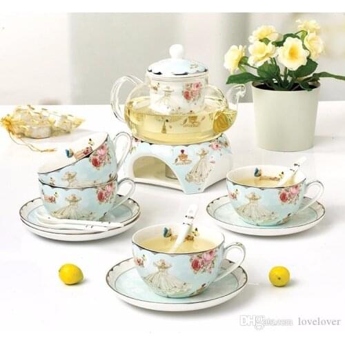 Ceramic 15 PCS Flower Tea Set British Afternoon Black Tea Set Heatable Glass Teapot Bone China Tea Cups And Saucers