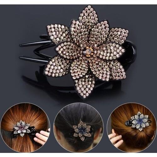 Fashion Women Lotus Shaped Rhinestone Hairpin Female Elegant Duckbill Clip Hair Claw Hairgrip Hair Accessories Ponytail Headwear
