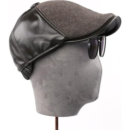 Mens Fashion Autumn Winter Woolen Newsboy Hats Patchwork Genuine Leather Caps Jazz Visors hat