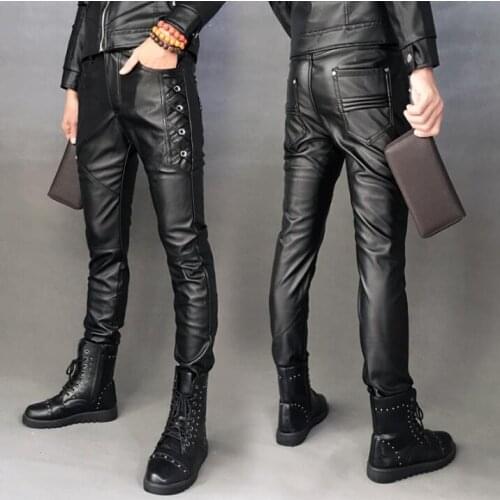 Autumn winter personality fashion slim motorcycle faux leather pants mens feet pants plus velvet trousers for men pantalon homme