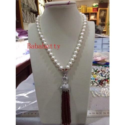 NEW wholesale 9-10mm white round freshwater pearl and inlay CZ leopard clasp 4mm red agates necklace 18"