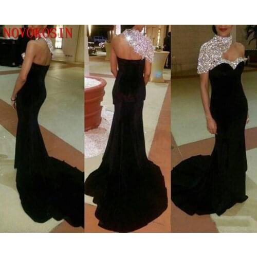 Soft Satin Beaded Crystal Black Long Prom Dresses 2019 For Black Girls Mermaid One Shoulder Backless Formal Evening Gown