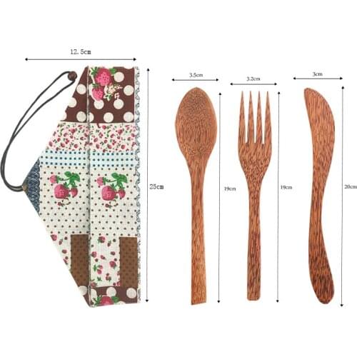 Hot 3pcs Cutlery set Natural Coconut Organic Handcraft Wooden Knife Spoon Fork Eco Friendly wooden tableware set Portable tols